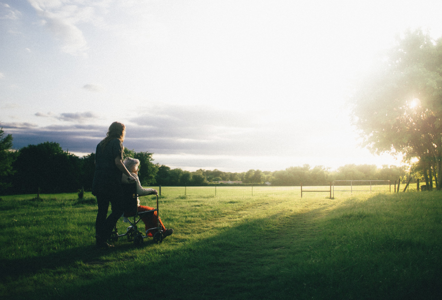 Woman pushing an elderly person in a wheelchair across beautiful lush green grass into an open paddock to be facing the sun, surrounded by trees