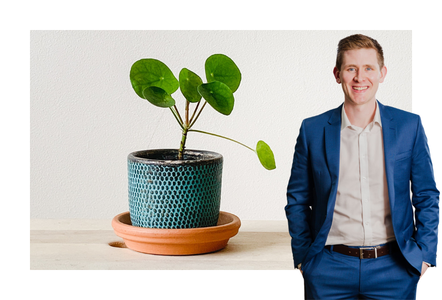 Pictured, Financial Adviser Chris Graham standing in front of a stock picture of a Chinese Money Plant.