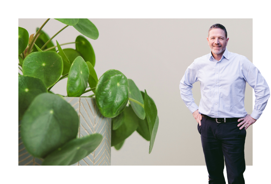 Pictured, Adam Ramage wearing a white shirt and dark coloured trousers, hands on his hips he has a big smile on his face. In the background, you can see a Chinese Money Plan that is flourishing bright green in a pot.